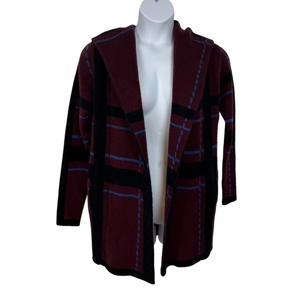 Coco + Carman Hooded Wool Blend Sweater Jacket. Burgundy Blue & Black Size S/M